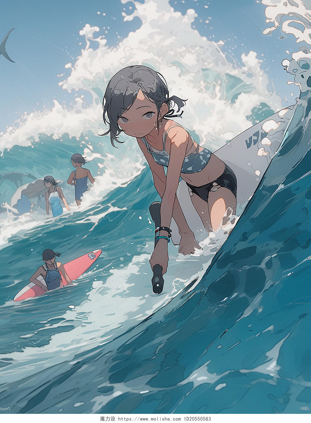 夏季海上游玩卡通女孩出游二次元海浪插画的场景
